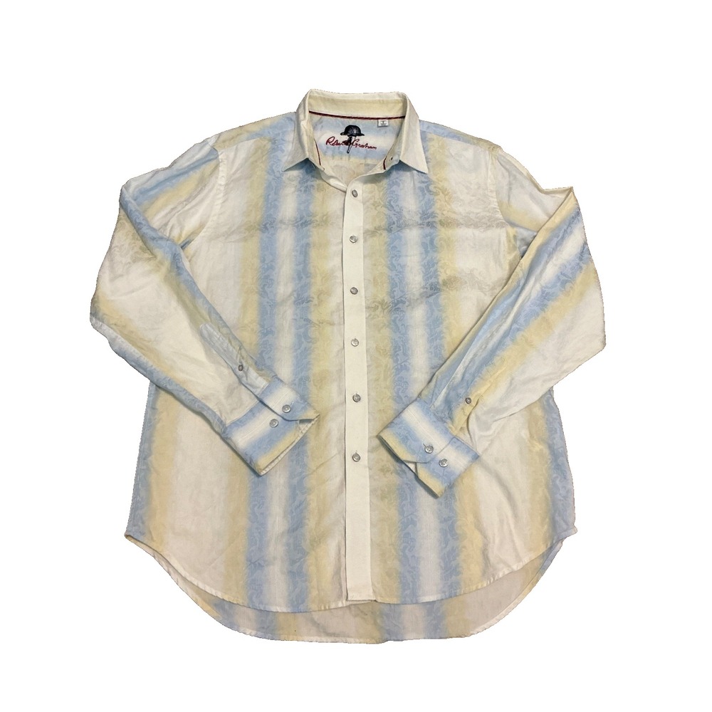 Robert Graham Flip Cuff Button Down Shirt Men L Paisley Blue Striped Long Sleeve
